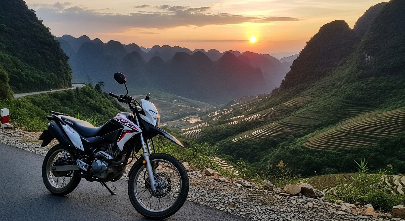 a motorcycle parked on a road with a view of the mountains