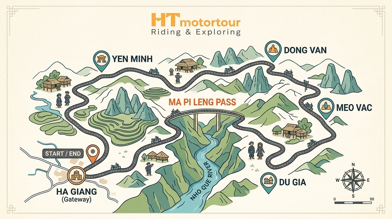 a map of a mountain road Hagiangloop-4days-map-htmotortour