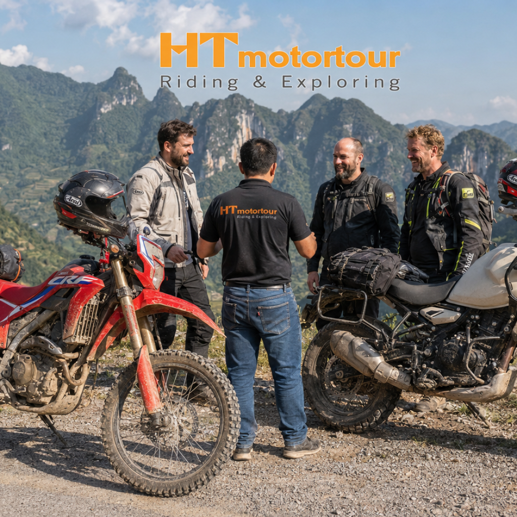 Best Motorcycle Tours in Vietnam: 10 Routes Worth Riding 7 a group of men standing next to motorcycles, Best Motorcycle Tours in Vietnam