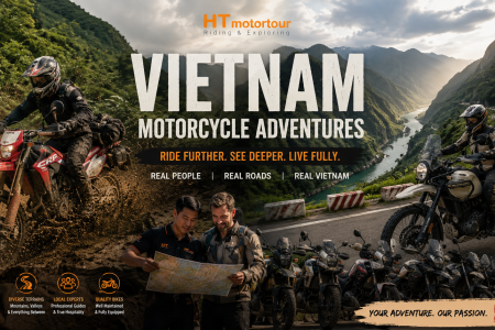 two men looking at a map in front of motorcycles vietnam tours