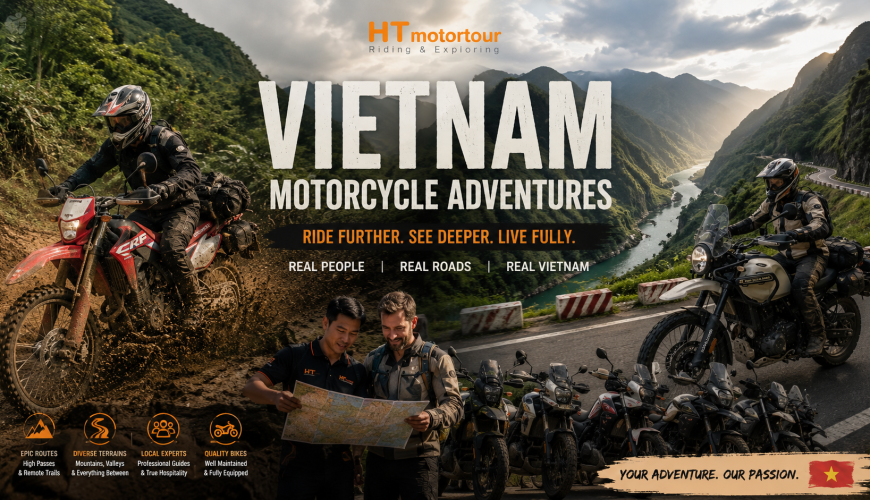 two men looking at a map in front of motorcycles vietnam tours