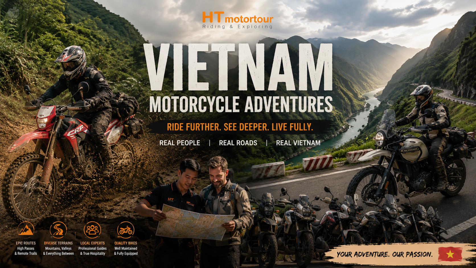two men looking at a map in front of motorcycles vietnam tours