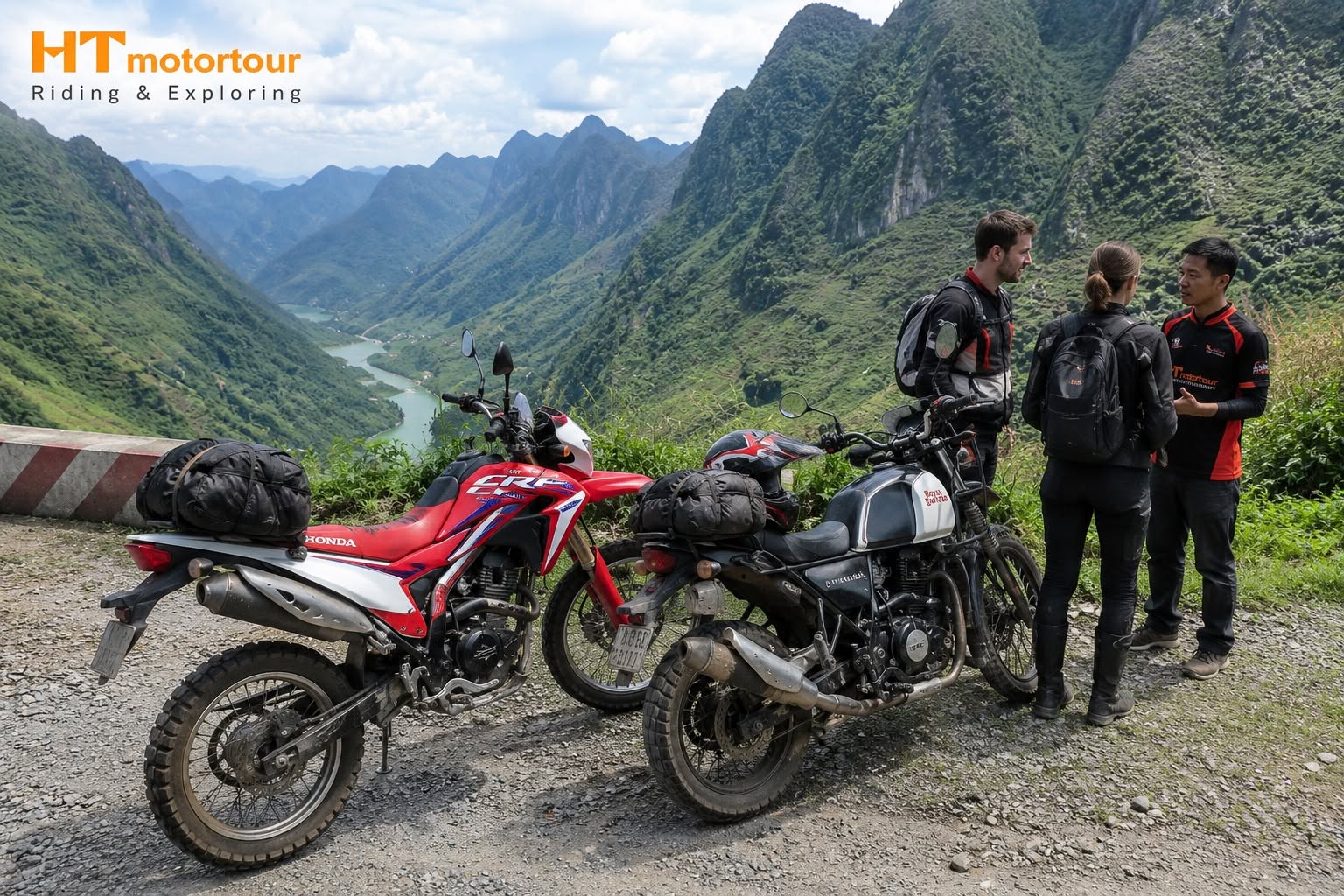 two people standing next to motorcycles on a rocky hill