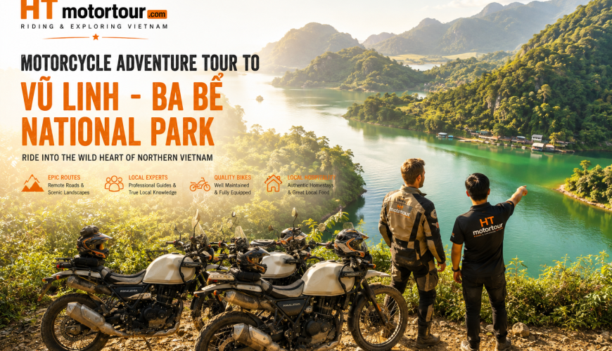 two men standing on a cliff overlooking a body of water Vu linh motorbikes tour