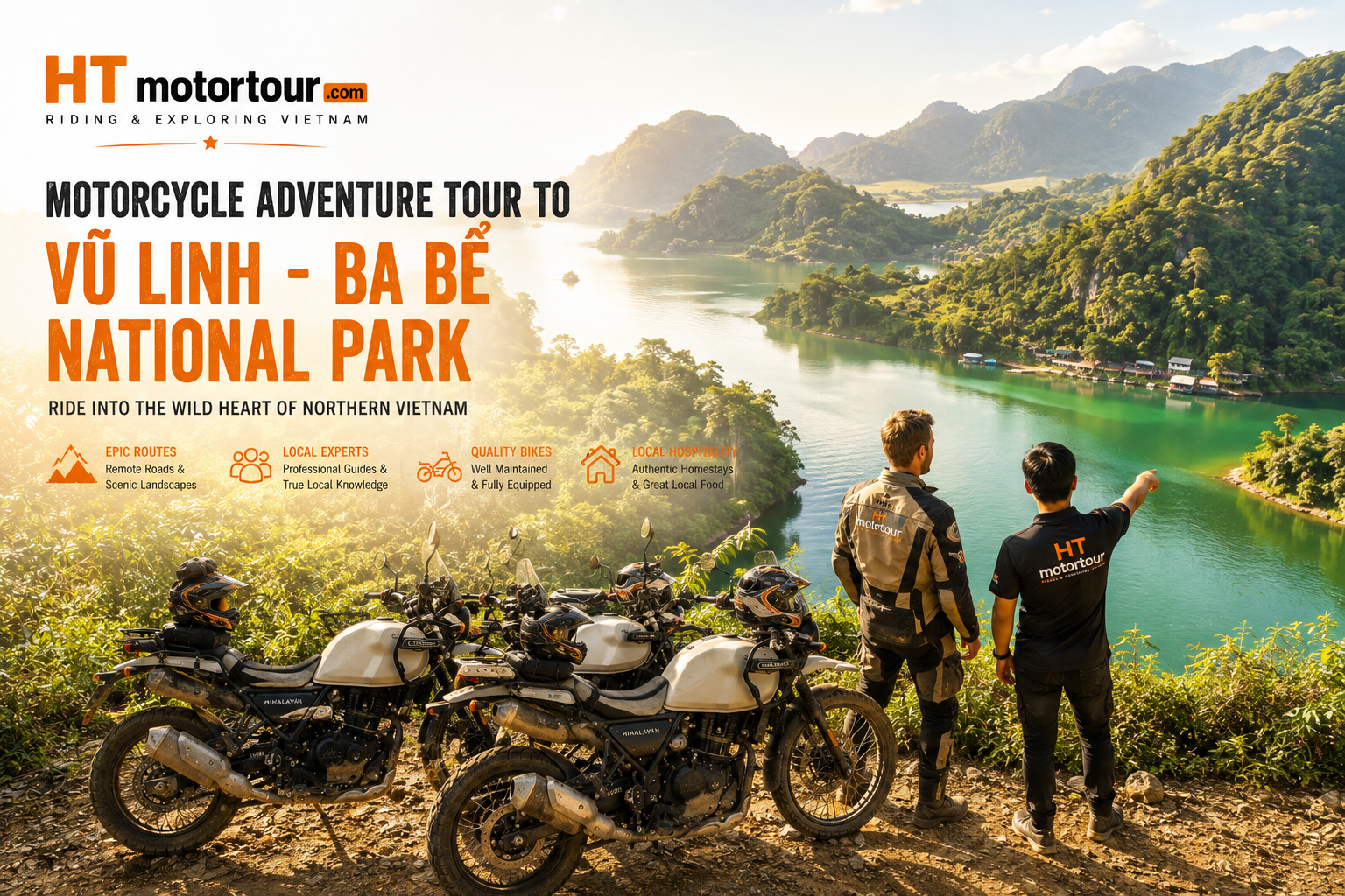 two men standing on a cliff overlooking a body of water Vu linh motorbikes tour